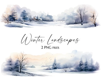 Watercolor Winter Clipart - 9 Winter Landscapes - Horizontal - Winter Scenery PNG - Snow Forest with House -  Wonderland Background - m152