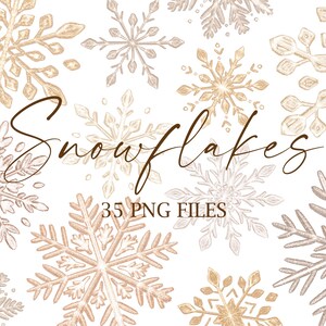 May include: A set of 35 digital illustrations of snowflakes in various designs. The snowflakes are drawn in a watercolour style with a gold and white colour scheme. The text "Snowflakes 35 PNG Files" is included in the image.