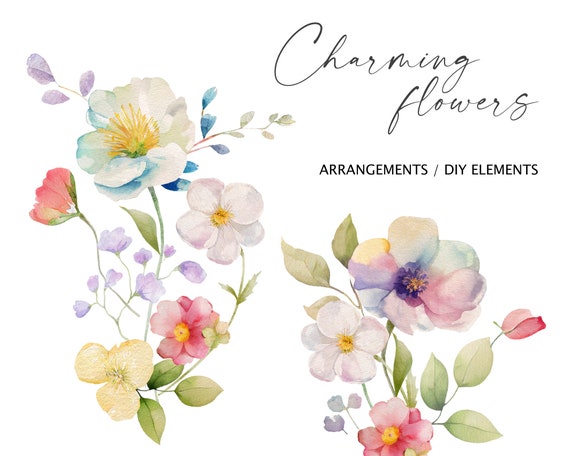 Watercolor Floral Clipart, Floral Arrangement Png, Bouquet of Flowers, Wildflowers, Rose, Peony, White Flowers, Soft Pink, Soft Lilac / m4