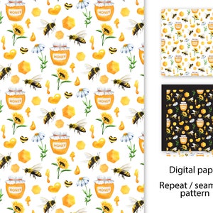 May include: A seamless pattern featuring watercolour illustrations of honey jars, bees, sunflowers, daisies, and honeycombs. The pattern is repeated on a white background.