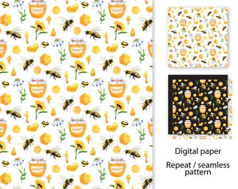 Papel digital de abeja de miel, Repetir patrones sin fisuras, Imágenes prediseñadas de acuarela, Png, Jpg, Álbum de recortes digital, Girasol de nido de abeja, 104_11