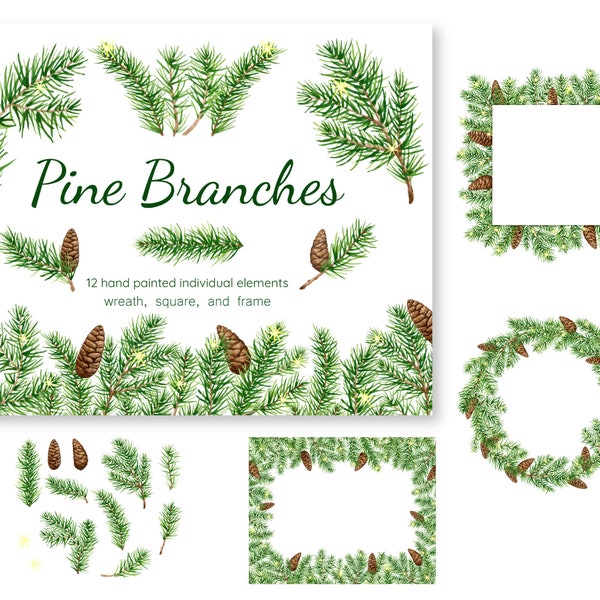 Watercolor Fir Branch Clipart, Wreath, Frame, Christmas Spruce Branches with Pine Cones and Lights, Holiday Winter, Digital Download 37_1