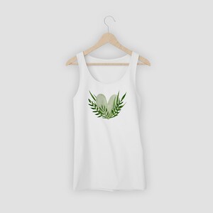 May include: White tank top with a green watercolor heart design featuring leaves.