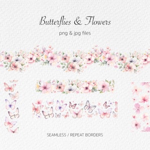 Borboletas e flores Borda sem emenda PNG - Aquarela pintada à mão - Borda de repetição de borboleta floral - Borda infinita de verão - Quadro - b1