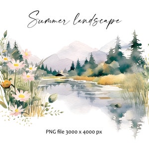 Aquarell Kiefernwald, Berge, Wildblumen Landschaft Clipart, Sommer Hintergrund, Outdoor Landschaft, Natur Landschaft mit Fluss, PNG /m6