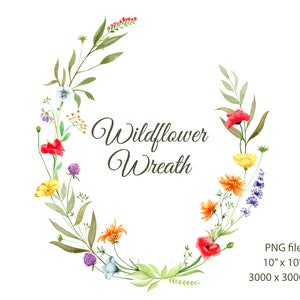Könnte beinhalten: Aquarell-Illustration eines Wildblumenkranzes. Der Kranz besteht aus verschiedenen bunten Blumen, darunter rote Mohnblumen, gelbe Gänseblümchen und lila Klee, die kreisförmig angeordnet sind. Der Text "Wildflower Wreath" ist in eleganter Schrift geschrieben.