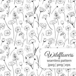 Modèle sans couture de fleurs sauvages Lineart. Dessiné à la main. Fleurs de griffonnage. Papier numérique floral. JPEG. PNG. EPS. Téléchargement instantané du fichier, 921