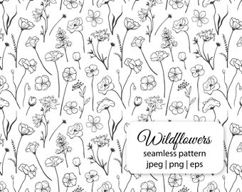 Wildflowers Lineart Seamless Pattern. Hand drawn. Doodle Flowers. Floral Digital Paper. JPEG. PNG. EPS. Instant File Download, 921