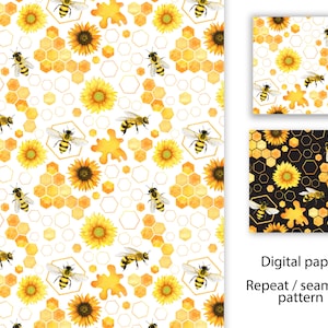 Op de afbeelding: Een naadloos patroon met aquarel illustraties van bijen, zonnebloemen en honingraten. Het patroon is verkrijgbaar in twee kleurvariaties: wit met gouden accenten en zwart met gouden accenten. De tekst "Digitaal papier Herhalen / naadloos patroon" is opgenomen in de afbeelding.