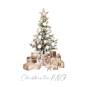 Aquarel kerstboom met geschenken, neutrale kleuren, authentieke en rustieke kerststijl, op de natuur geïnspireerde kleuren, digitale download, png 105_11