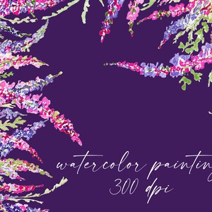 May include: Watercolor painting of purple and pink flowers on a dark purple background. The text "watercolor painting 300 dpi" is written in white at the bottom of the image.