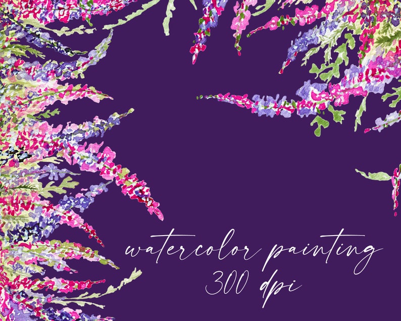 May include: Watercolor painting of purple and pink flowers on a dark purple background. The text "watercolor painting 300 dpi" is written in white at the bottom of the image.