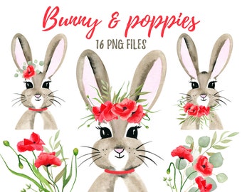 Bunny & Poppies Watercolor clipart. Rabbit Girl with Flowers. Animals clip art. Poppies Bouquet Png. Little animals, Instant File Download