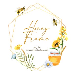 Aquarell Sommer Rahmen mit Biene, Honig und Wildblumen, Handmalerei Aquarell, 1 Png, 104_6