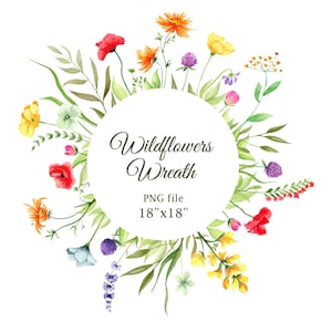 Clipart akwarelowy wieniec z dzikich kwiatów. Ramka botaniczna z kwiatami. Jasne kwiaty wieniec Png. Malowane ręcznie. Png. Natychmiastowe pobieranie pliku 92