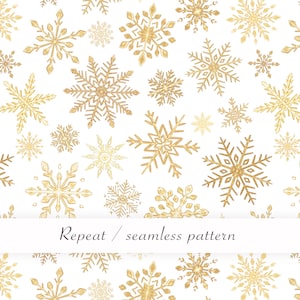 Padrão de flocos de neve dourados sem emendas | Papel digital desenhado à mão | Design de repetição de Natal de inverno para artesanato, scrapbooking, impressão | PNG