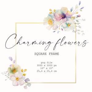 Marco floral de acuarela, Colores pastel suaves, Marco dorado cuadrado, Imágenes prediseñadas para bodas, Tarjetas de felicitación, Invitaciones / m4