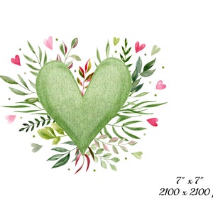May include: A watercolor illustration of a green heart surrounded by green leaves and pink hearts. The heart is 7 inches by 7 inches and the image is 2100 pixels by 2100 pixels.