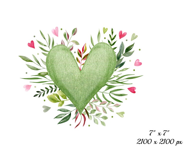May include: A watercolor illustration of a green heart surrounded by green leaves and pink hearts. The heart is 7 inches by 7 inches and the image is 2100 pixels by 2100 pixels.