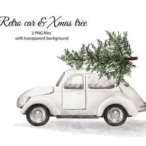Watercolor Christmas Car,  White Retro Car with Christmas tree,  Printable Xmas Illustration, Png 105_4