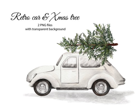 Aquarell Weihnachtsauto, weißes Retro Auto mit Weihnachtsbaum