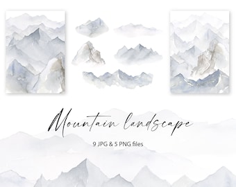 Clipart di montagna dell’acquerello, montagne nebbiose, paesaggio montano, acquerello dipinto a mano, montagne grigie, montagne blu, PNG/2706