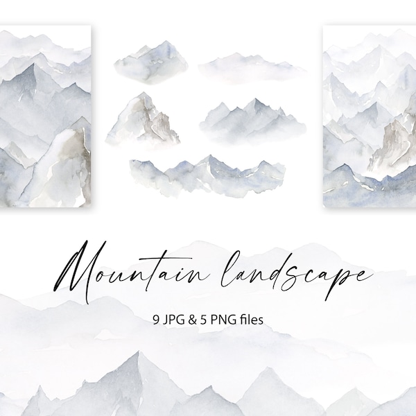 Clipart montagne aquarelle - montagnes brumeuses - paysage de montagne - aquarelle peinte à la main - montagnes grises - montagnes bleues - PNG /2706