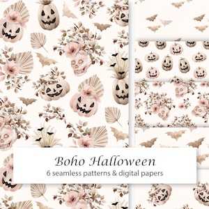 Halloween Boho Digital Paper, Watercolor Seamless Pattern, Cute Halloween Scrapbook, Fabric, Neutral Beige Pink colors, Digital download