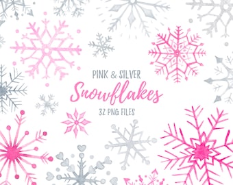 Aquarell-Clip-Art mit rosa-silbernen Schneeflocken, Weihnachten, Winterhochzeit, Babyparty für Mädchen, handgemalt, digitaler Download, PNG. 35