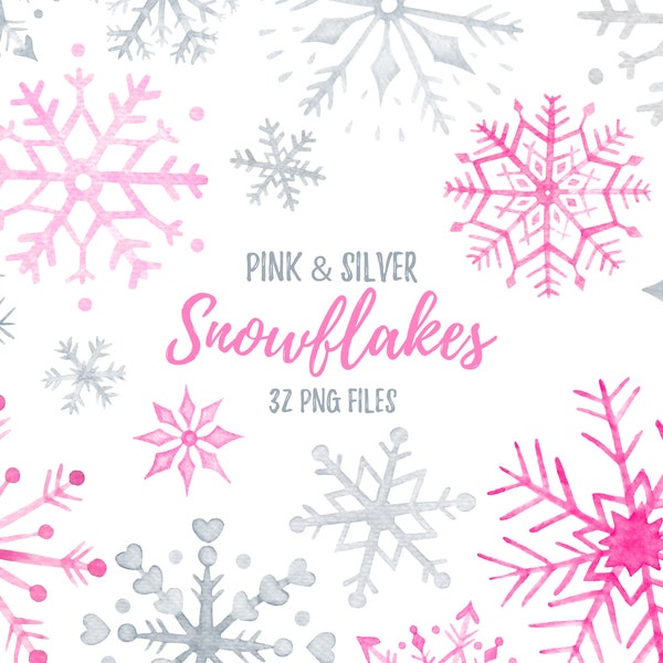 Pink Silver Snowflakes Watercolor Clip Art, Christmas, Winter Wedding, Girl Baby Shower, Hand-painting, Digital Download, PNG. 35