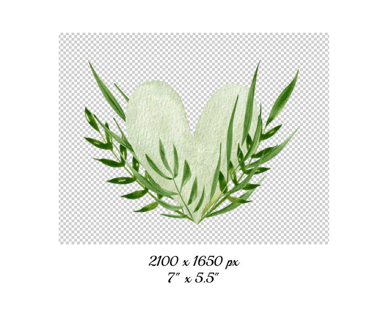May include: A watercolor illustration of a heart shape formed by green leaves. The heart is a light green color and the leaves are a darker green. The image is on a transparent background.