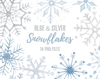 Blå, silver snöflingor akvarell clipart. Jul, vinterbröllop, babyshower clipart. Akvarellmålning. Digital nedladdning. PNG. 35