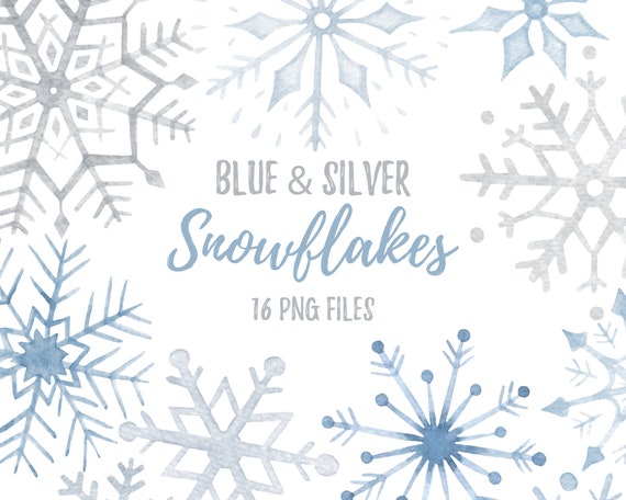 Blue, Silver Snowflakes Watercolor Clip Art. Christmas, Winter Wedding,  Baby Shower Clipart. Watercolor Painting. Digital Download. PNG. 35