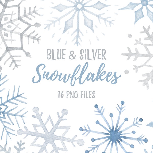 Blue, Silver Snowflakes Watercolor Clip Art. Christmas, Winter Wedding, Baby Shower Clipart. Watercolor Painting. Digital Download. PNG. 35