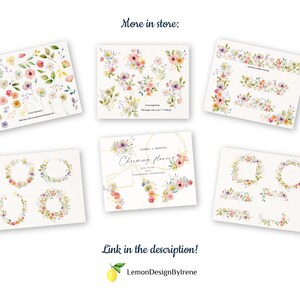 May include: A set of watercolor floral illustrations featuring wreaths, borders, and individual flowers in shades of pink, yellow, and blue. The illustrations are perfect for adding a touch of elegance to wedding invitations, stationery, and other creative projects.