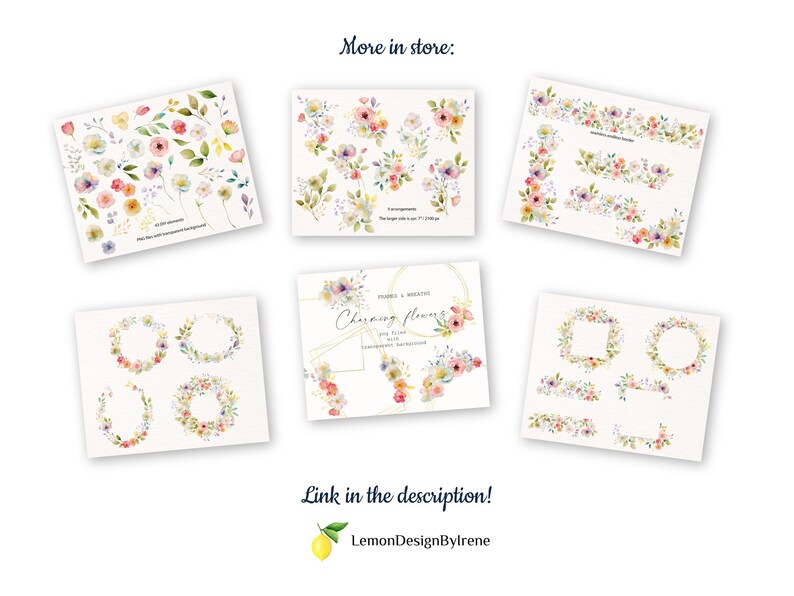 May include: A set of watercolor floral illustrations featuring wreaths, borders, and individual flowers in shades of pink, yellow, and blue. The illustrations are perfect for adding a touch of elegance to wedding invitations, stationery, and other creative projects.