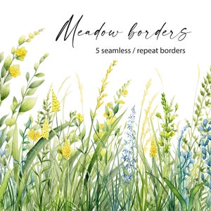 Wiese Nahtlose Ränder, Wildblumen und Gras Clipart, Endlose Feldrand, Botanische, Frühling, Sommer Kräuter, m12