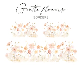 Watercolor Floral Borders – Wildflower Clipart, Soft Colors (Digital Download)