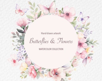 Butterflies and Flowers Png - Watercolor Butterfly Clipart - Floral Butterfly Clipart - Handdrawn - Wreath Png - b1