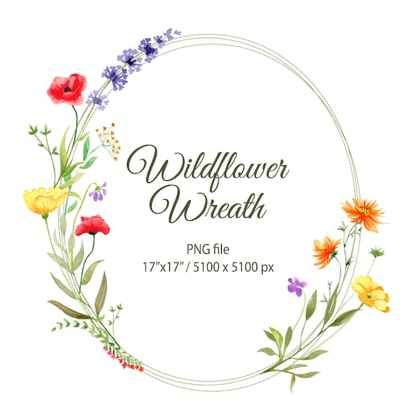 Watercolor Wildflower Wreath. Floral Wreath. Bright Flower Wreath Png. Botanical Flower Watercolor Frame. Png. Instant File Download 92