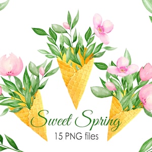 Clipart de helado floral de acuarela. Hola primavera png. Peonías rosadas ruborizadas. Verdor. Imágenes prediseñadas de flor. Cucurucho de helado. Descarga digital. PNG