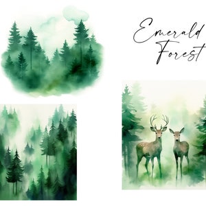 Watercolor Emerald Forest Clipart, JPG, PNG, Nature Scenery, Digital Paper, Pine Forest and Deer Background, Forest Landscape Clipart / m7