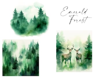 Watercolor Emerald Forest Clipart, JPG, PNG, Nature Scenery, Digital Paper, Pine Forest and Deer Background, Forest Landscape Clipart / m7