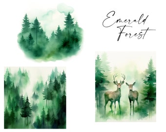 Aquarelle forêt émeraude des cliparts, JPG, PNG, paysages naturels, papier numérique, forêt de pins et fond de cerfs, clipart paysage forestier / m7
