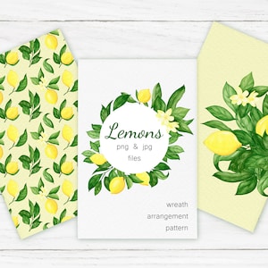 Clipart aquarelle de citrons. Papier numérique. Cadre de couronne de citrons PNG. Modèle sans couture de citrons. Lumineux, jaune. Téléchargement instantané du fichier 33