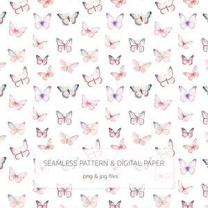 Fjärilar Digitalt Papper Png JPG - Akvarell Fjäril Seamless Mönster - Upprepat Mönster - JPG - PNG - Fjäril Clipart - Handritad - b1