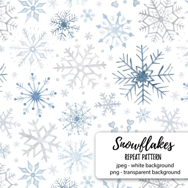 Aquarel Sneeuwvlok Digitaal Papier, Blauwe en Zilveren Kerstachtergrond, Herhaal naadloos patroon, Kerstverpakking, Instant Download, 35