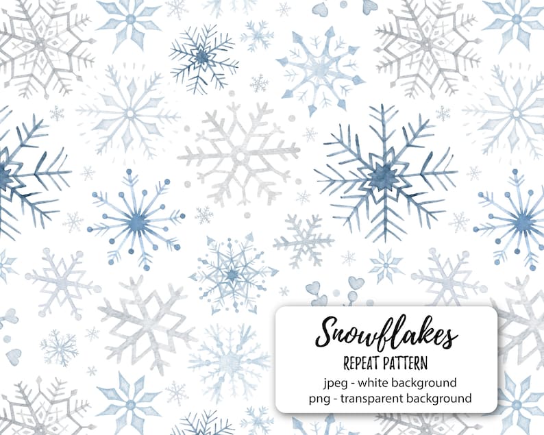 May include: A seamless pattern of blue and gray watercolor snowflakes on a white background. The pattern is titled "Snowflakes Repeat Pattern" with the file types and background information listed below.  jpeg - white background png - transparent background