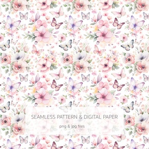 Schmetterlinge und Blumen Digitales Papier - Aquarell Blumen Schmetterling Nahtloses Muster - Wiederholen Sie Blumenmuster - JPG - PNG- Handgezeichnet - b1