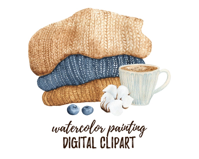 Fall Farmhouse Png 15 Winter Painting of Knit and a \u0421up of \u0421offee Boho Art Cozy illustration Digital downloads Watercolor clip art